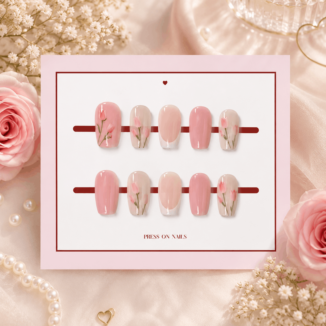 Pink Floral Tulip Press-On Nails Cards