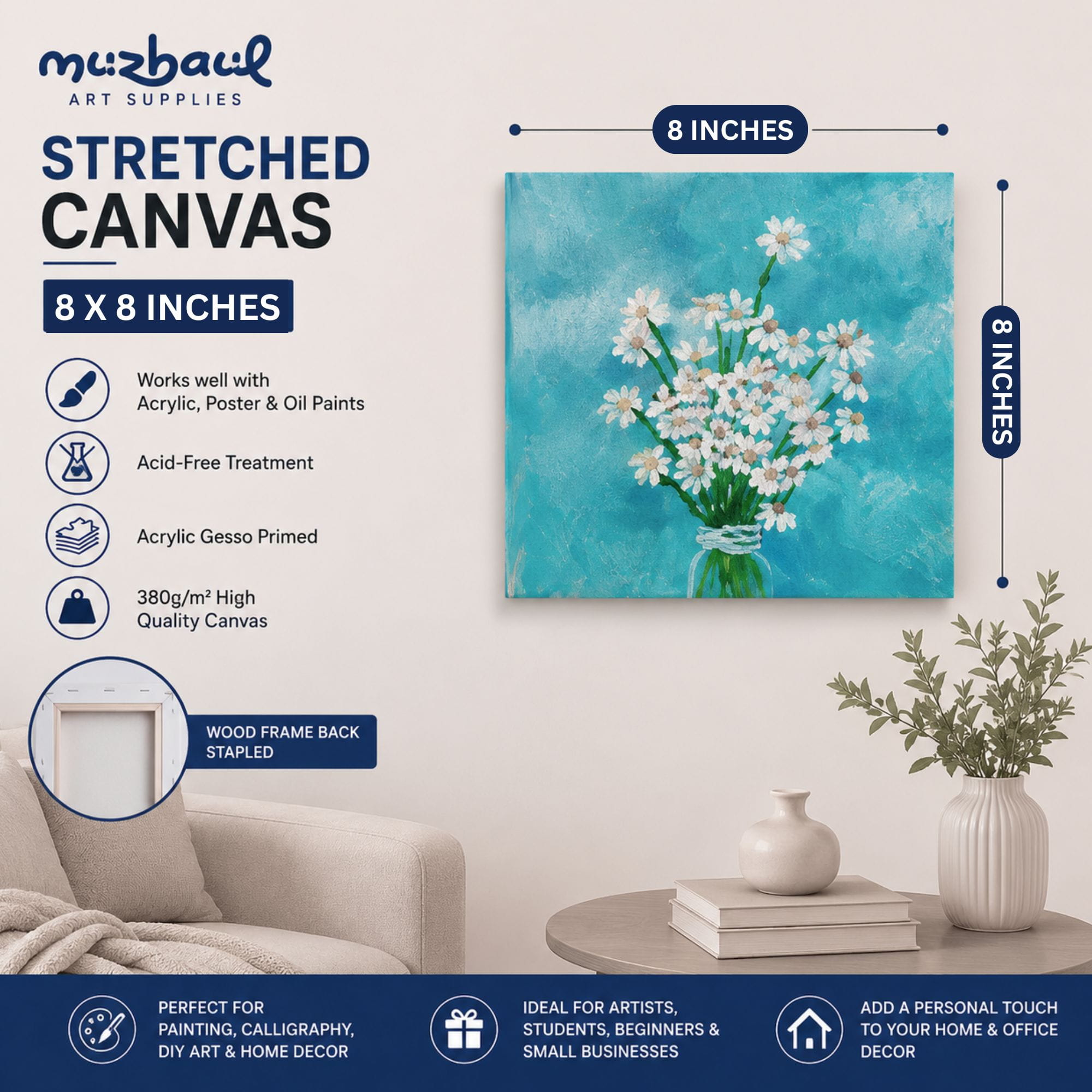 MUZHAUL 8x8 Inch Canvas Pack of 10 | Premium Cotton Canvas for Acrylic, Oil Painting & DIY Art Projects