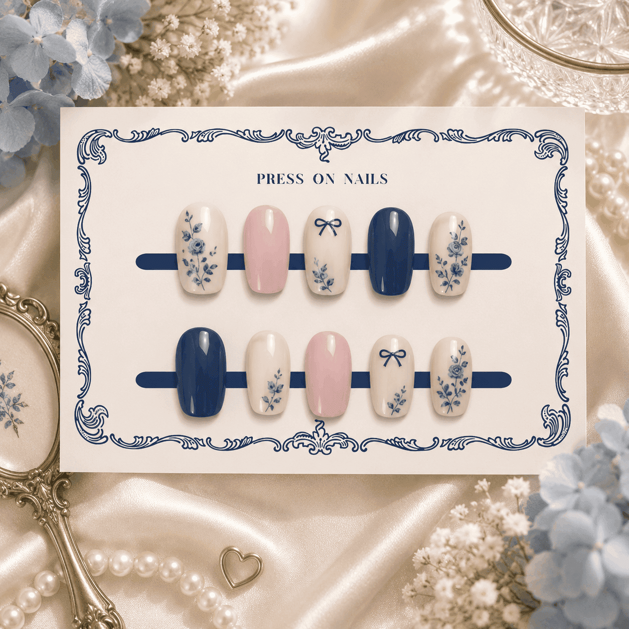 Vintage Blue Toile & Bow Coquette Press-On Nails